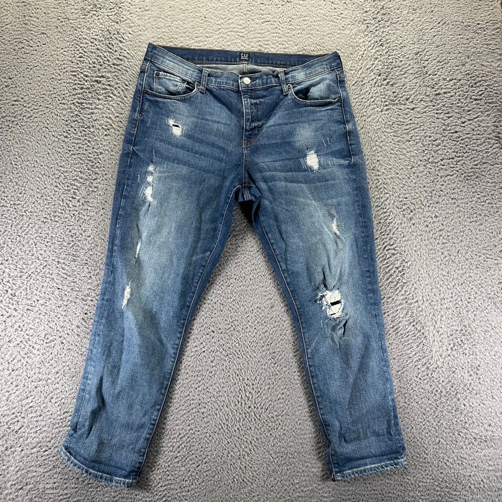 Gap Jeans Womens 14 Blue Cotton Denim Tapered Faded Distressed Workwear Stretch